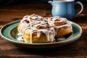 Fresh homemade Cinnamon rolls or Cinnamon buns, AI Generated photo