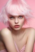 atractivo Barbie estilo mujer en rosado ropa , ai generado foto