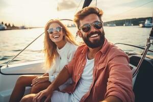 Beautiful couple looking in sunset from the yacht. AI generated photo