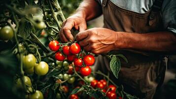 Bountiful Harvest. Gardener Collecting Ripe Red Tomatoes from Lush Green Bush, Celebrating Abundance. AI Generated photo