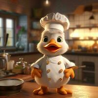 lindo personaje de dibujos animados de pato con uniforme de chef foto