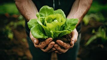 vibrante verde lechuga retenida en manos, floreciente en un lozano jardín cama de suelto suelo. ai generado foto