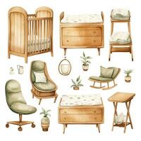 Watercolor design elements of modern interior items. Set of baby furniture isolated on white. Scandinavian style, minimalism. photo