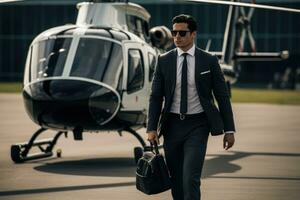 Businessman standing near private helicopter, AI Generated photo