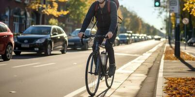 businessman riding bike while commuting to work in city, AI Generated photo