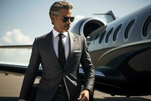 Businessman standing near private jet, AI Generated photo