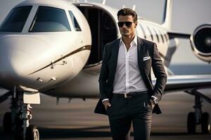 Businessman standing near private jet, AI Generated photo