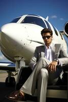 Businessman sitting in his private jet, AI Generated photo