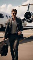Businessman standing near private jet, AI Generated photo