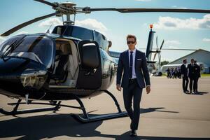 Businessman standing near private helicopter, AI Generated photo