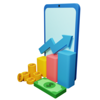 PNG file of 3d growth stock chart with coins investing icon and mobile phone