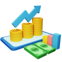 PNG file of 3d growth stock chart with coins investing icon and mobile phone