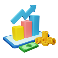 PNG file of 3d growth stock chart with coins investing icon and mobile phone