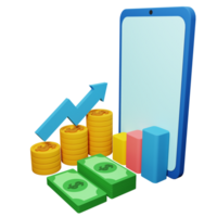 PNG file of 3d growth stock chart with coins investing icon and mobile phone