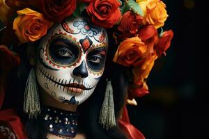 Dia de los muertos. Day of The Dead. Woman with sugar skull makeup on a floral background. AI Generated photo