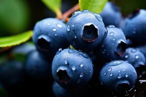 Fresh blueberries hanging on branch, AI Generated photo