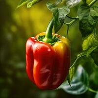 Fresh bell peppers hanging on branch, AI Generated photo