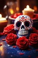 Dia De Los Muertos Celebration Background With sugar Skull, marigolds flowers, AI Generated photo