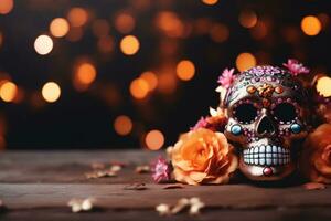 Dia De Los Muertos Celebration Background With sugar Skull, marigolds flowers, AI Generated photo