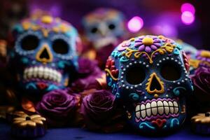 Dia De Los Muertos Celebration Background With sugar Skull, marigolds flowers, AI Generated photo