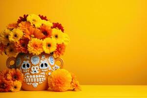 Day of the dead Celebration Background With sugar Skull, marigolds flowers, AI Generated photo