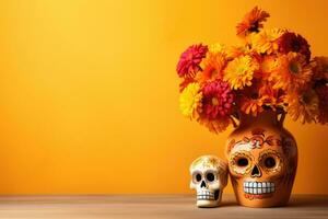 Day of the dead, Dia De Los Muertos Celebration Background With sugar Skull, calaverita, marigolds flowers, AI Generated photo