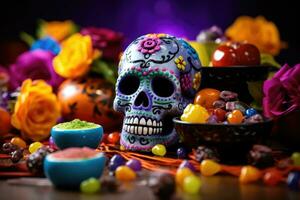 Dia De Los Muertos Celebration Background With sugar Skull, marigolds flowers, AI Generated photo