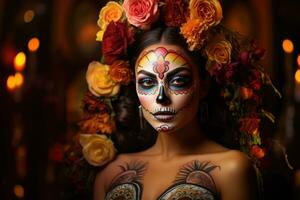 Dia de los muertos. Day of The Dead. Woman with sugar skull makeup on a floral background. AI Generated photo
