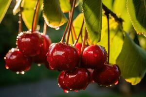 Fresh cherries hanging on branch, AI Generated photo