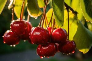 Fresco cerezas colgando en rama, ai generado foto