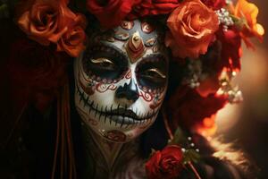 Dia de los muertos. Day of The Dead. Woman with sugar skull makeup on a floral background. AI Generated photo