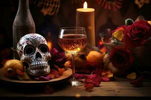 Dia De Los Muertos Celebration Background With sugar Skull, marigolds flowers, AI Generated photo