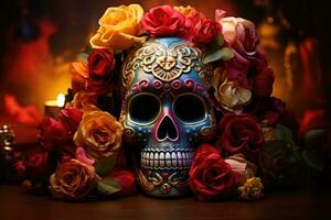 día de el muerto celebracion antecedentes con azúcar cráneo, calaverita, caléndulas flores, ai generado foto