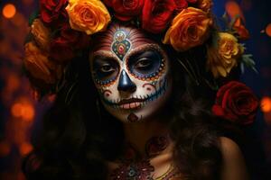 Dia de los muertos. Day of The Dead. Woman with sugar skull makeup on a floral background. AI Generated photo