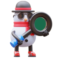 3D Snowman Character With Magnifying Glass png