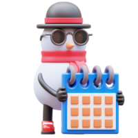3d boneco de neve personagem segurando calendário planejamento cronograma png