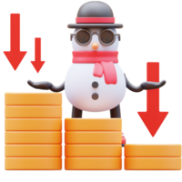 3d pupazzo di neve personaggio mostrando i soldi grafico caduta giù png