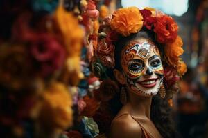 Day of The Dead. Woman with sugar skull makeup on a floral background in the street. AI Generated photo