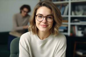 mujer psicólogo en lentes Mira a cámara. ai generado foto