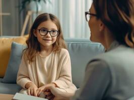 Female psychologist consulting a little girl. AI Generated photo