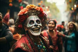 Day of The Dead. man with sugar skull makeup on a floral background in the street. AI Generated photo