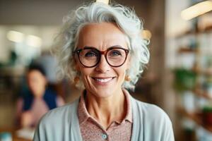 mujer psicólogo en lentes Mira a cámara. ai generado foto