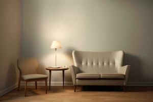 Empty chair and sofa in front of small table in office of psychologist. AI Generated photo