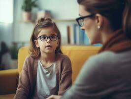 Female psychologist consulting a little girl. AI Generated photo