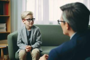 male psychologist consulting a little boy . AI Generated photo