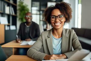 confident adult 30 years old african american female psychologist sitting arms crossed looking at camera. AI Generated photo