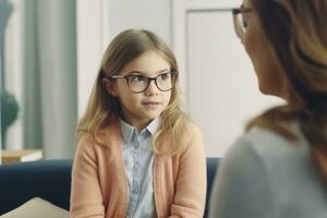 Female psychologist consulting a little girl. AI Generated photo