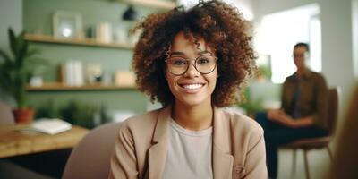 confident adult 30 years old african american female psychologist sitting arms crossed looking at camera. AI Generated photo