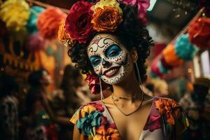 Day of The Dead. Woman with sugar skull makeup on a floral background in the street. AI Generated photo
