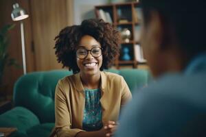 confident adult 30 years old african american female psychologist consulting a client. AI Generated photo